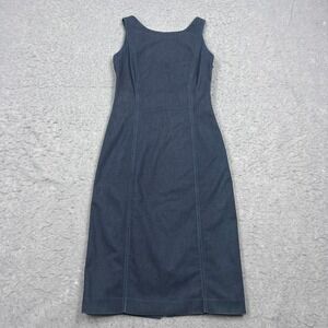 Prada Milano Dress Women's 44 Blue Denim Sleeveless Midi Slim Stretch Slit Italy